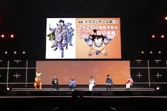 「DRAGON BALL」のステージイベントより。左からビクトリー・ウチダ、エグゼクティブプロデューサーの伊能昭夫、野沢雅子、小林由美子、内山昂輝、ファイルーズあい。(c) SHUEISHA Inc. All rights reserved.